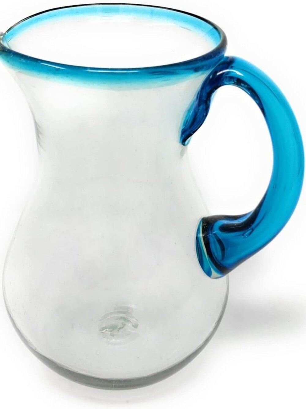 Vibrant Hand Blown Glass Pitcher – Aqua Rim & Handle, 84 oz, Perfect for